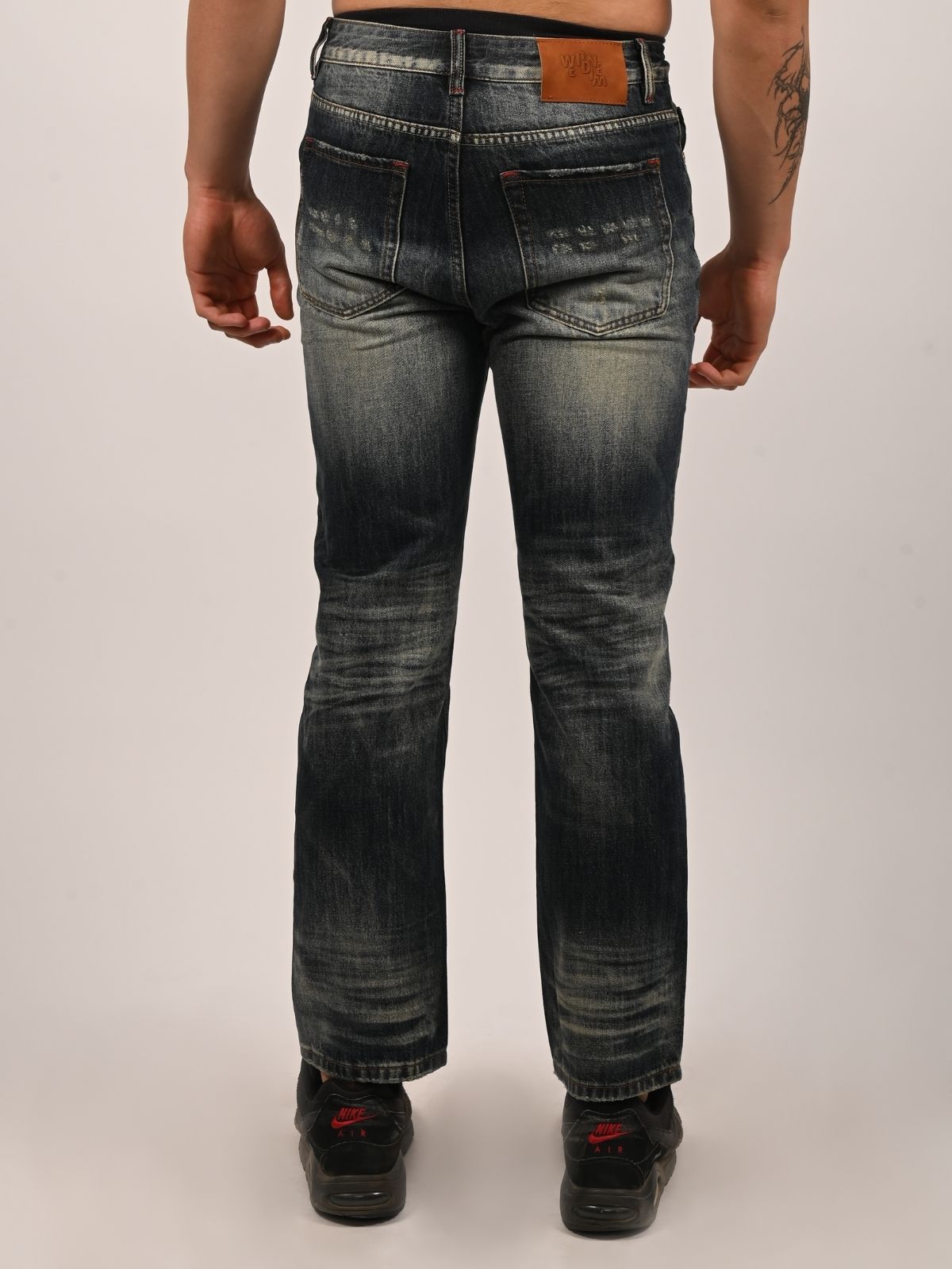 Franco Navy Blue Denim Solid Ripped And Faded Trouser For Men