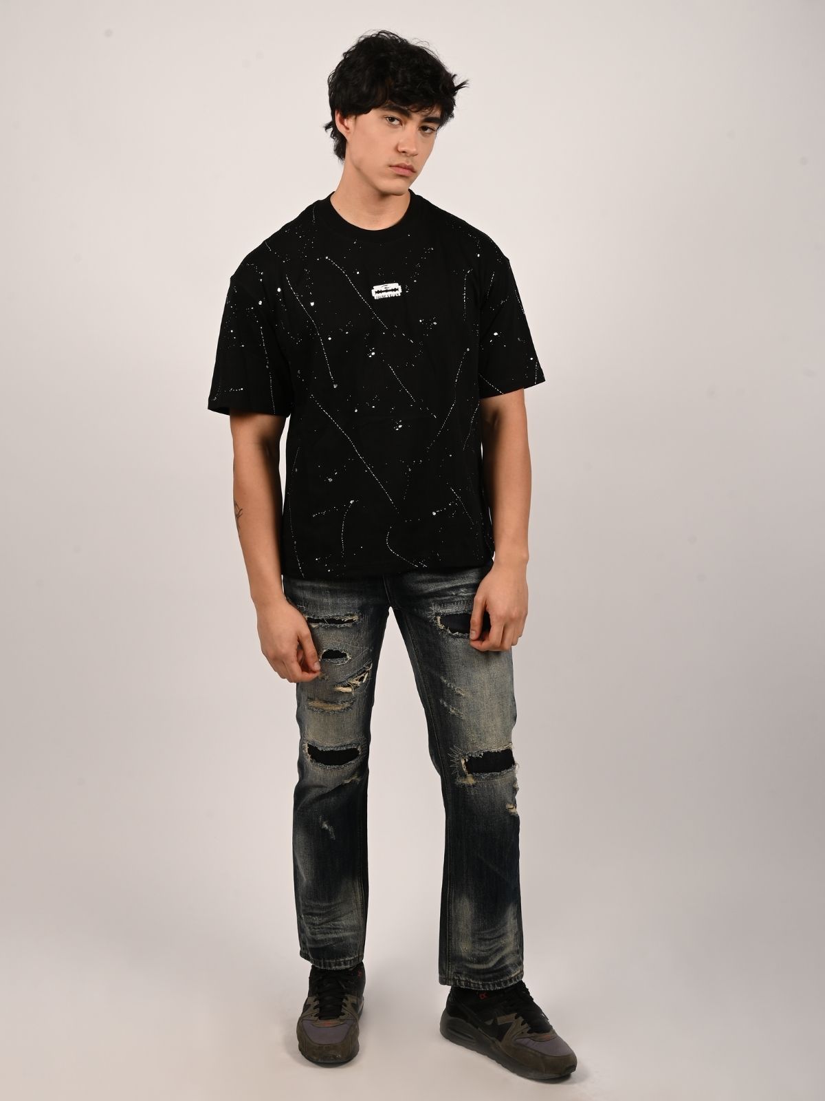 Franco Black Cotton Blend Foli Print T-Shirt For Men