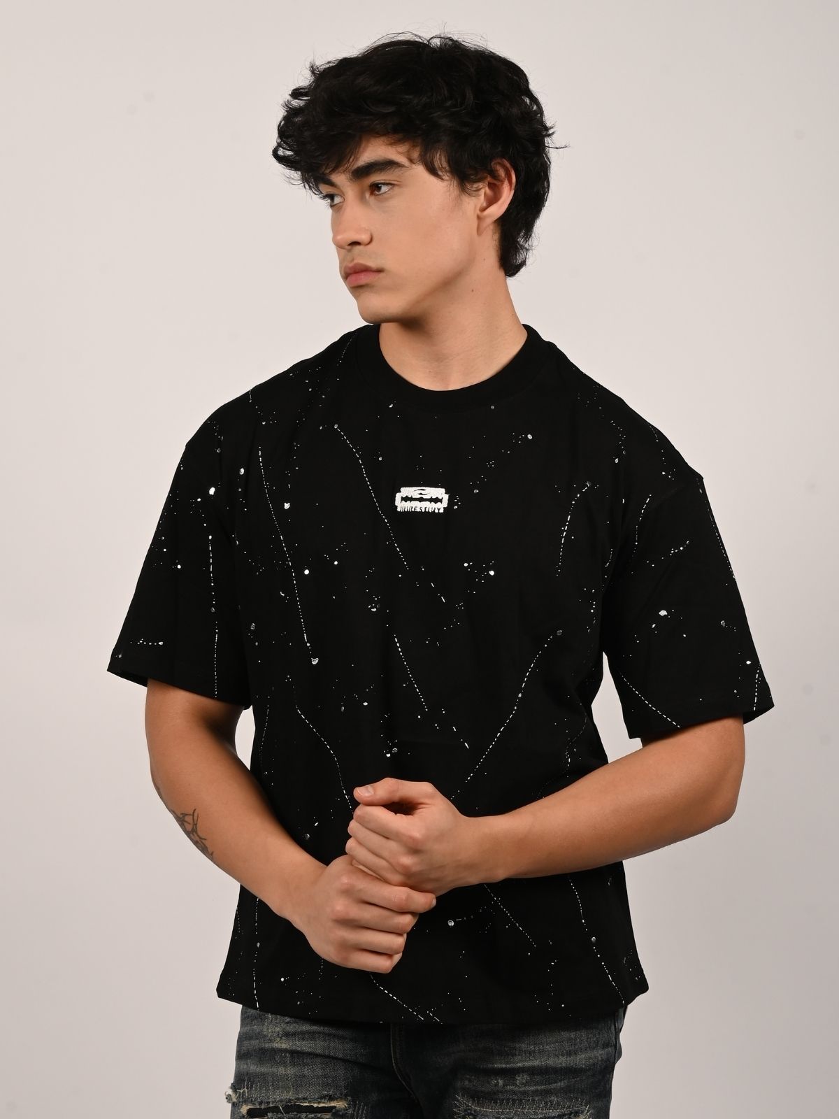 Franco Black Cotton Blend Foli Print T-Shirt For Men