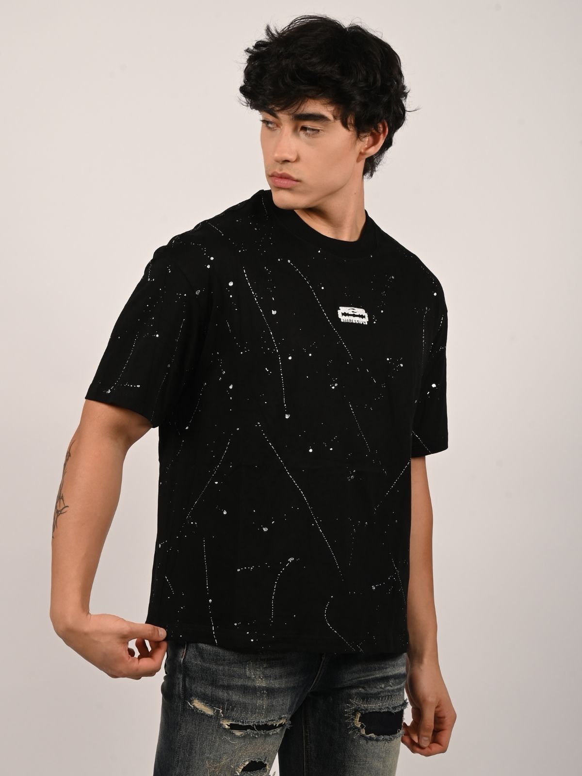 Franco Black Cotton Blend Foli Print T-Shirt For Men