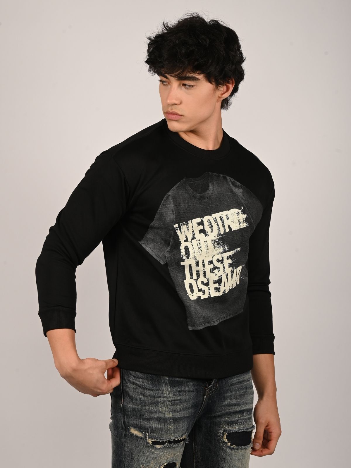 Franco Black Cotton Polyster Fleece Printed Sweatshirts For Men