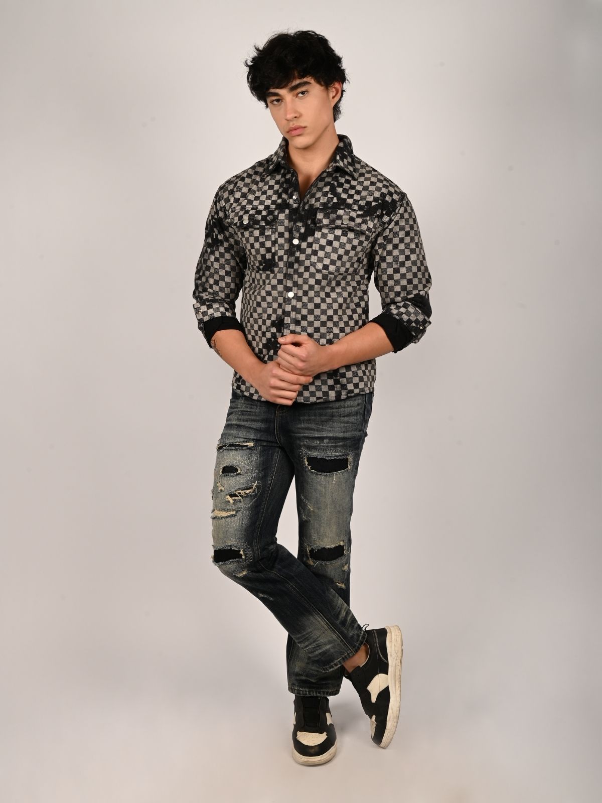 Franco Black And Grey Denim Checked Shirts For Men