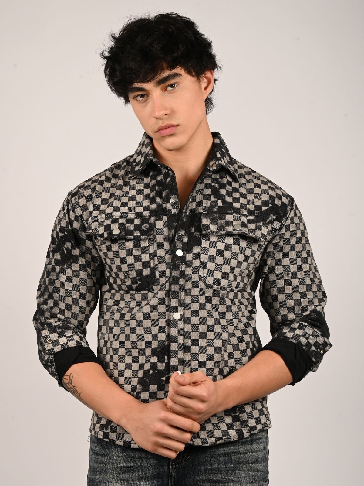 Franco Black And Grey Denim Checked Shirts For Men