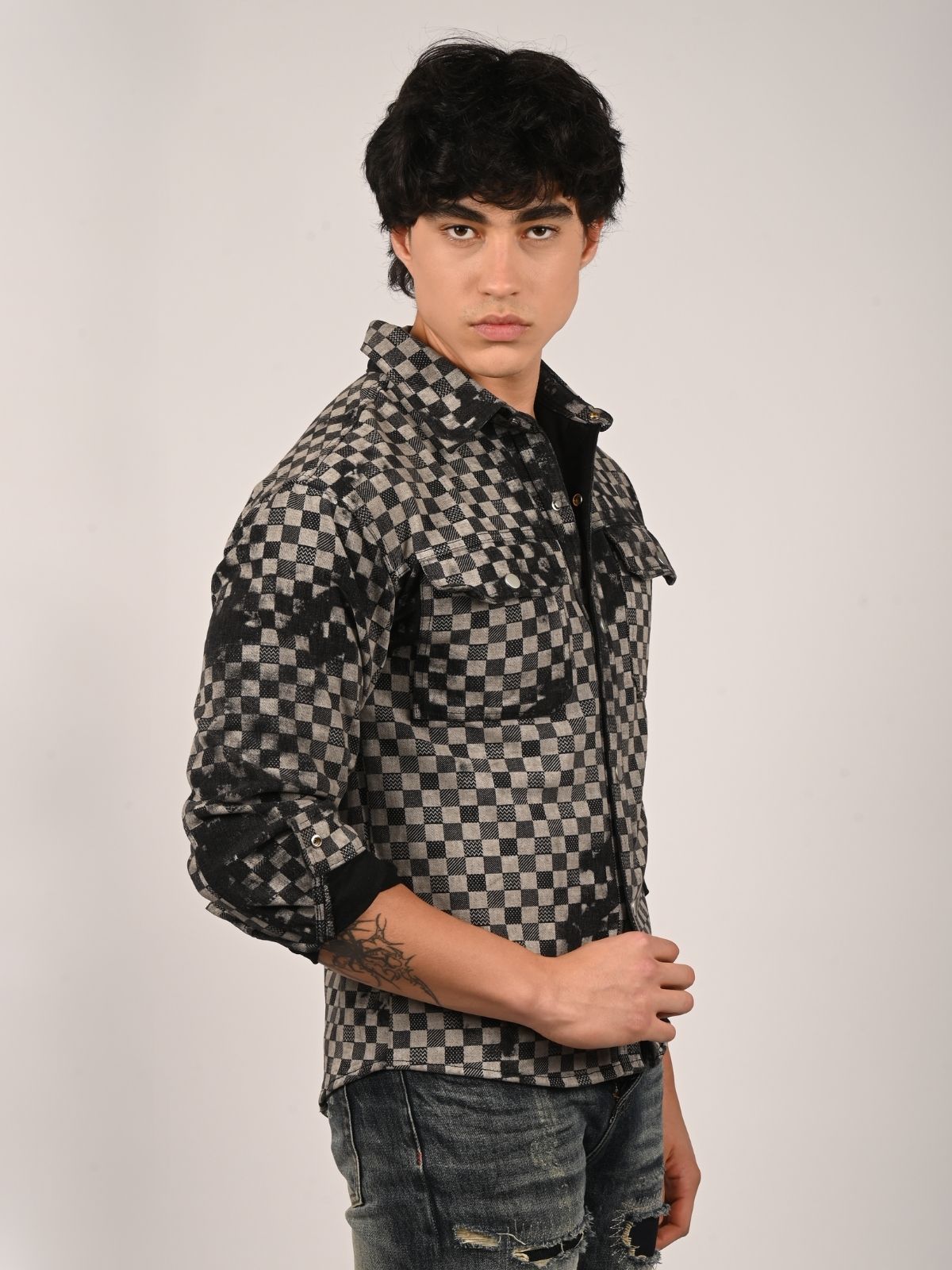 Franco Black And Grey Denim Checked Shirts For Men