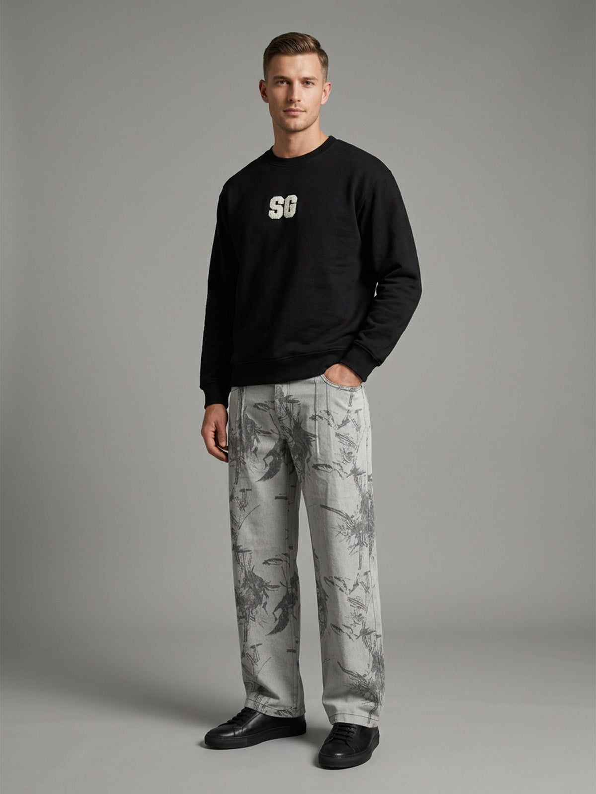 Franco Grey Denim Printed And Floral Trouser For Men