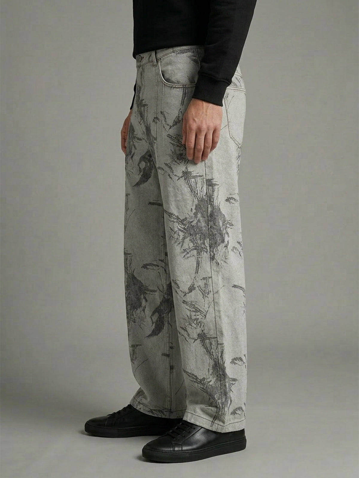 Franco Grey Denim Printed And Floral Trouser For Men