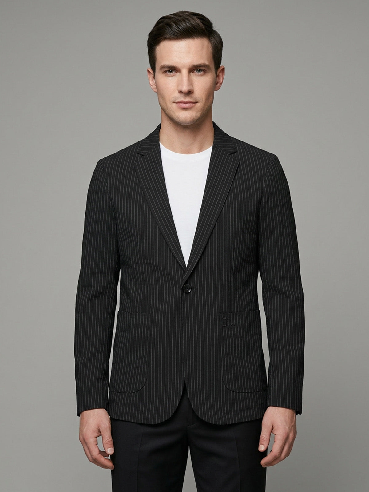 Franco Black Polyester Cotton Striped Blazer For Men