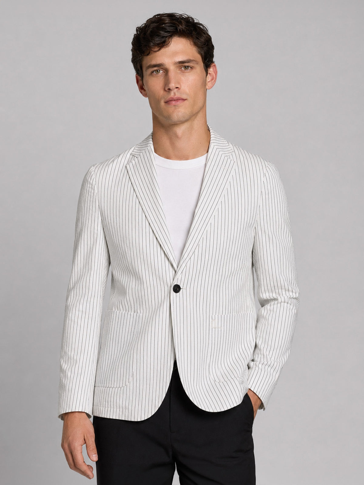 Franco White Polyester Cotton Striped Blazer For Men