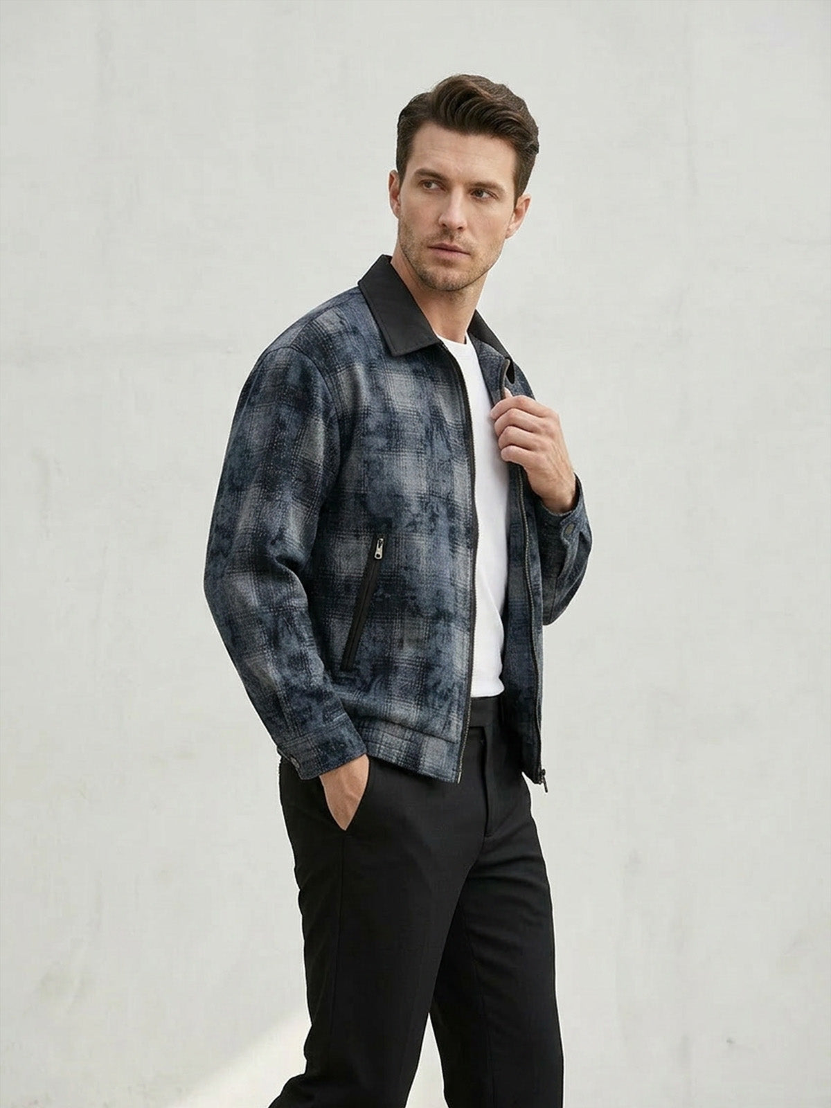 Franco Dark Blue Denim Checked Jacket For Women