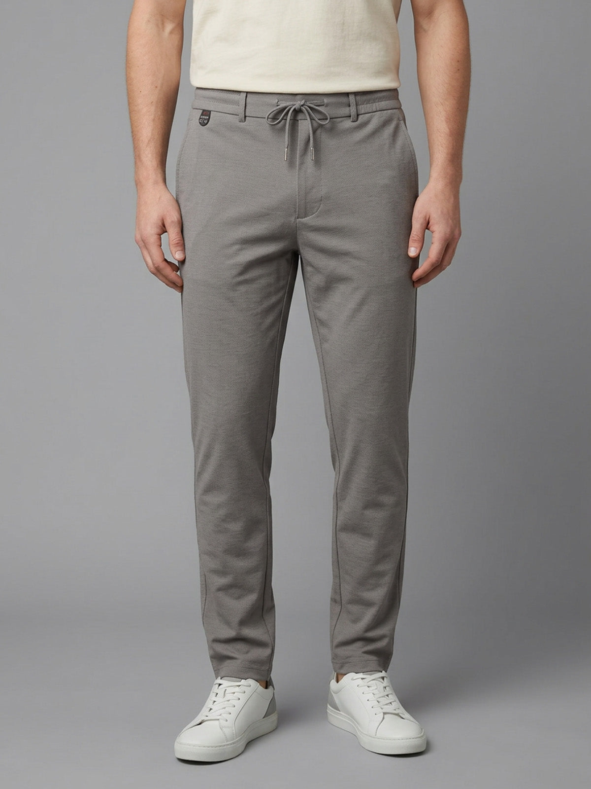 Franco Beige Polyester Lycra Solid Trouser For Men