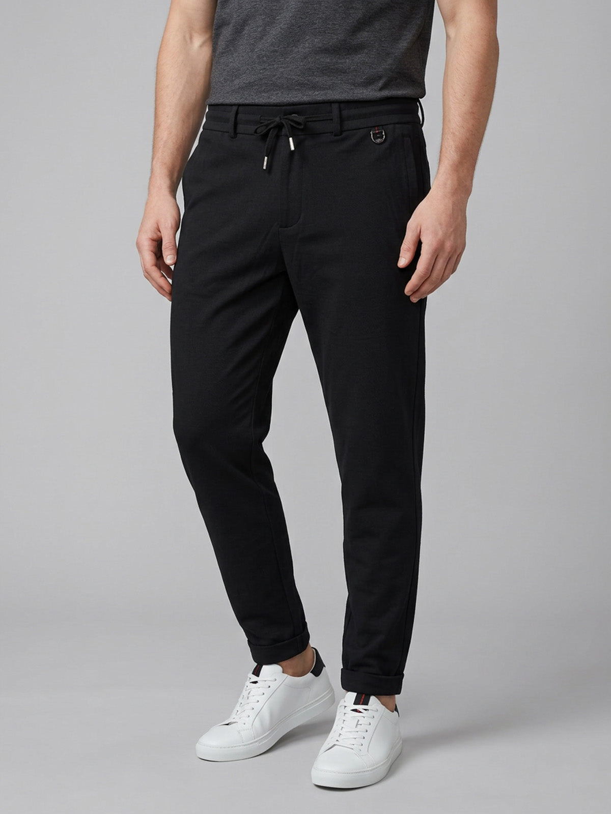 Franco Black Polyester Lycra Solid Trouser For Men