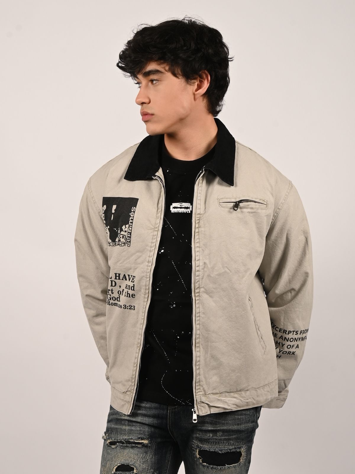 Franco Grey Cotton Twill Printed Jacket For Men