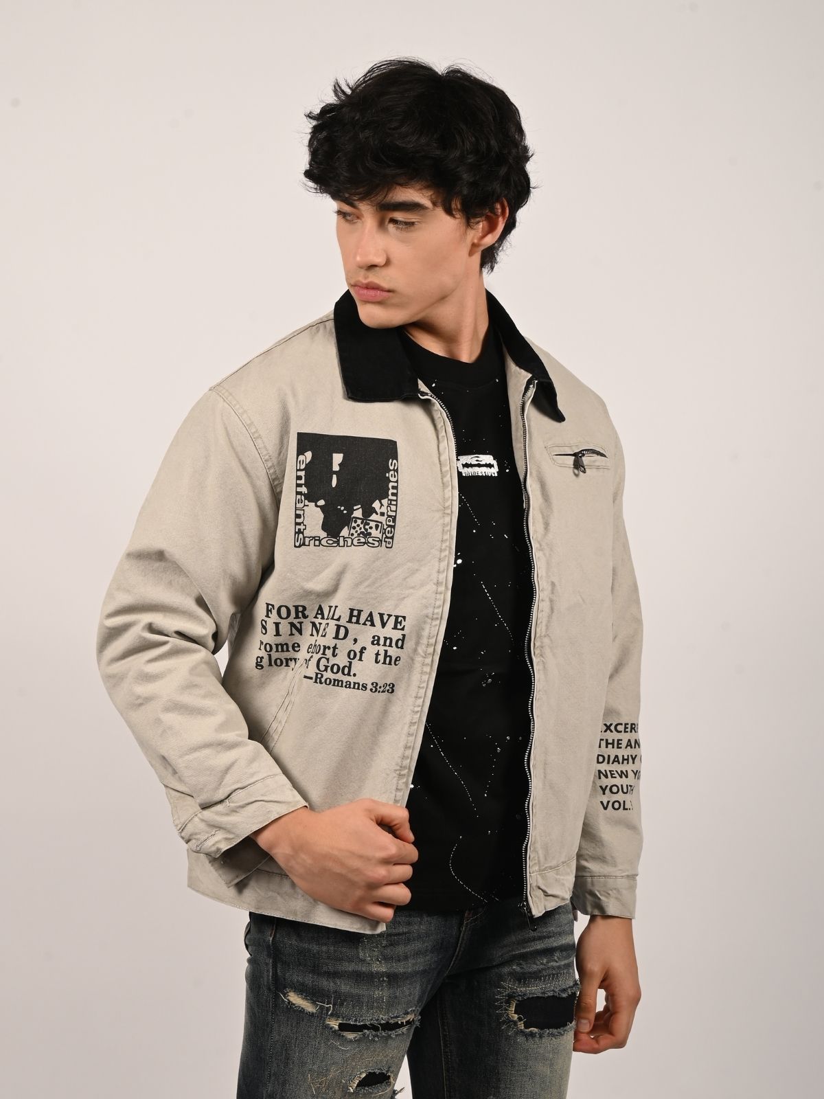 Franco Grey Cotton Twill Printed Jacket For Men
