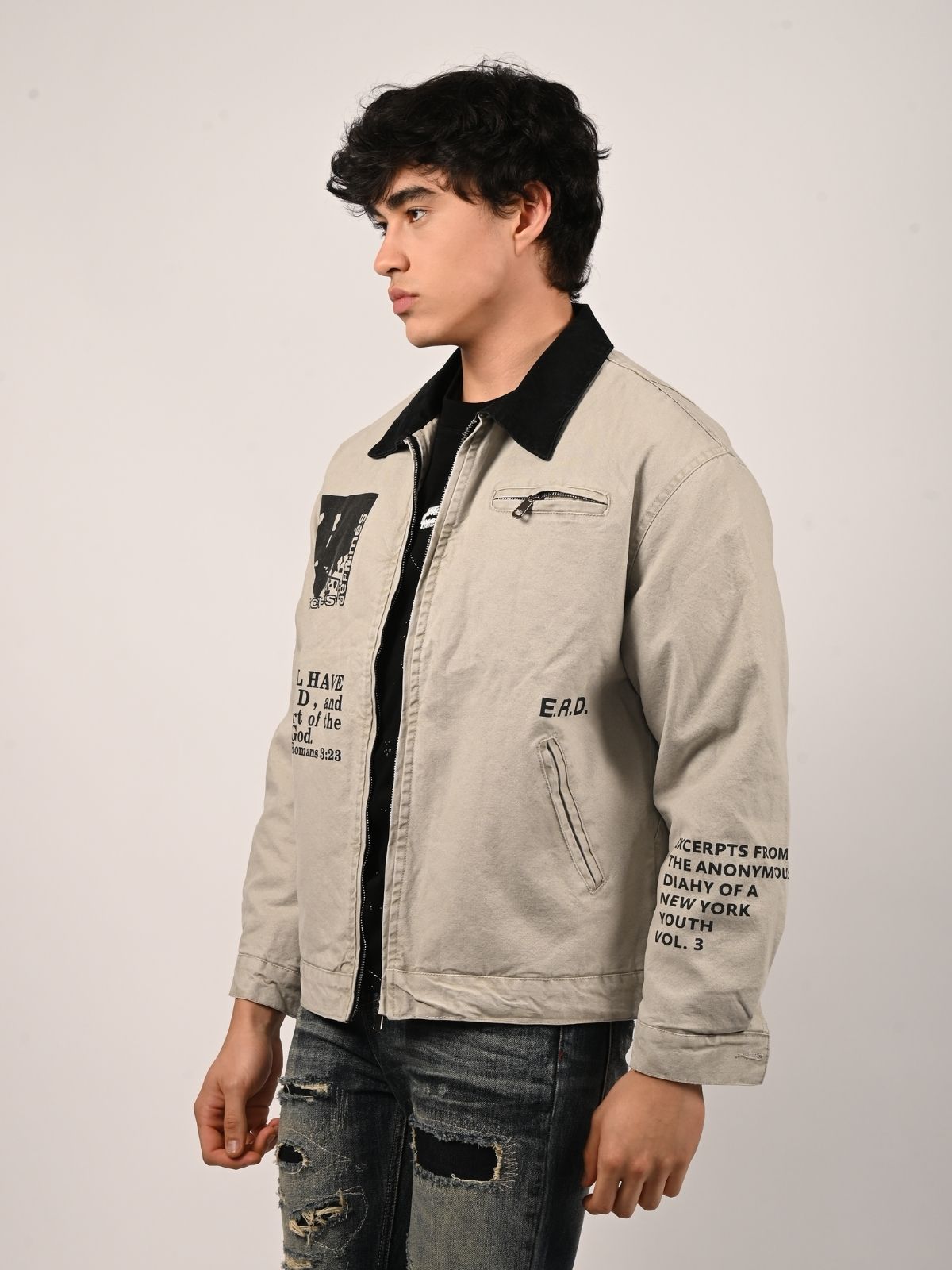 Franco Grey Cotton Twill Printed Jacket For Men