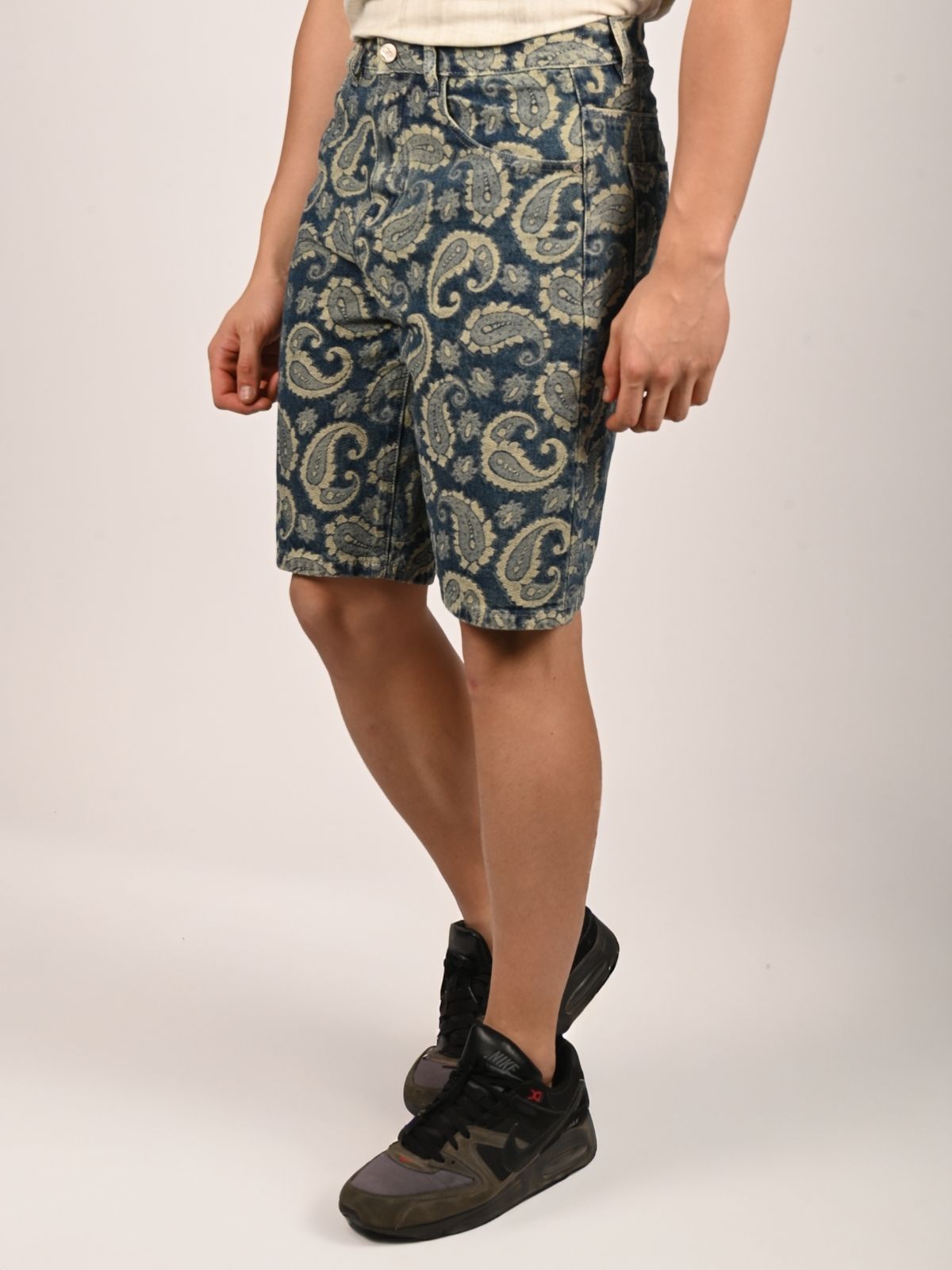 Franco Blue Denim Self Design Printed Shorts For Men