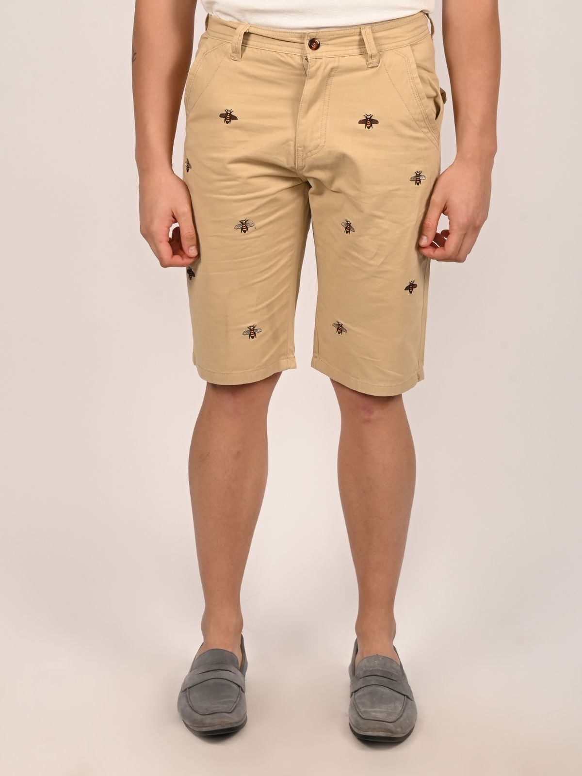 Franco Beige Cotton Twill Embroidered Solid Shorts For Men