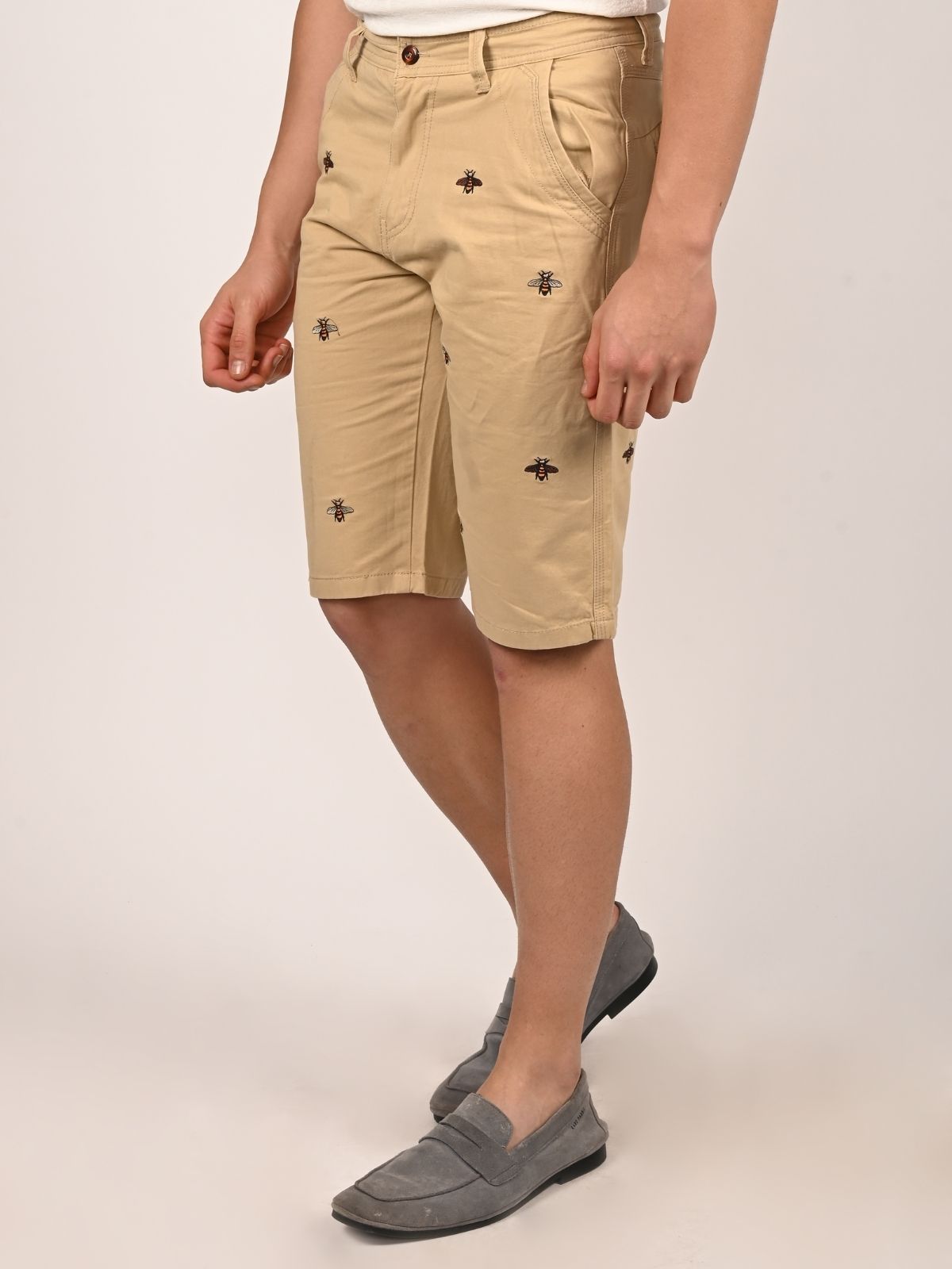 Franco Beige Cotton Twill Embroidered Solid Shorts For Men