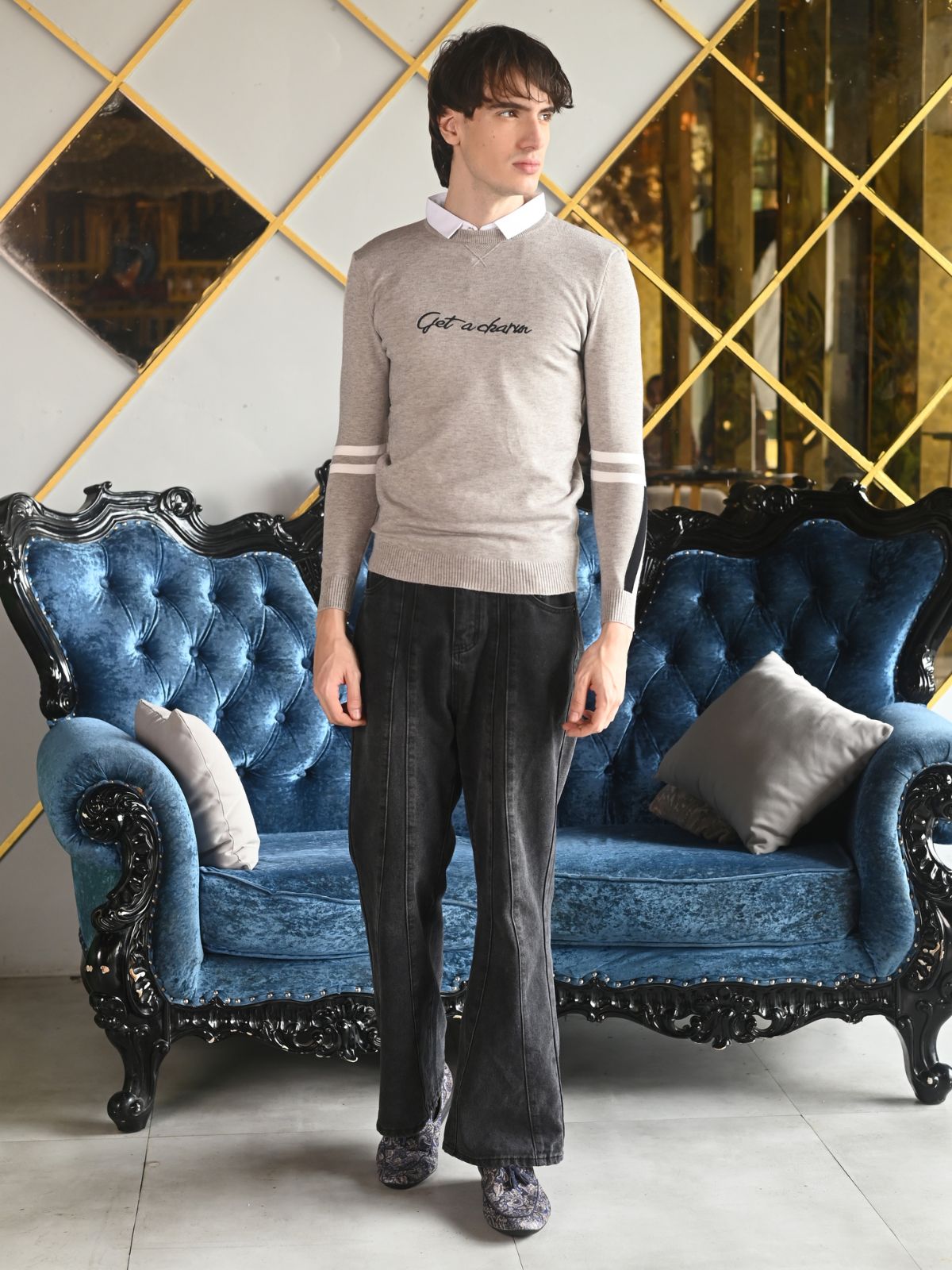 Grey Printed Cotton Jersey Sweatshirt For Men