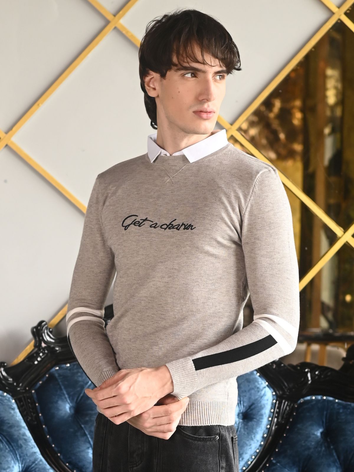 Grey Printed Cotton Jersey Sweatshirt For Men