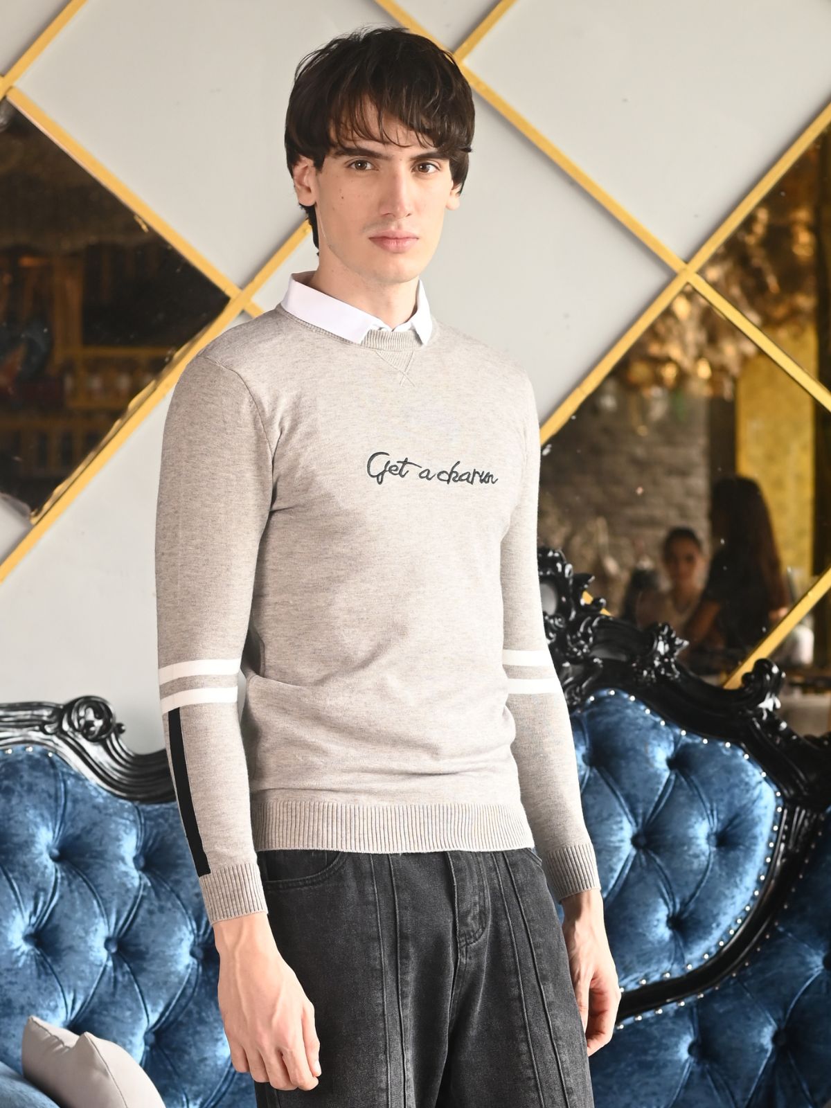 Grey Printed Cotton Jersey Sweatshirt For Men