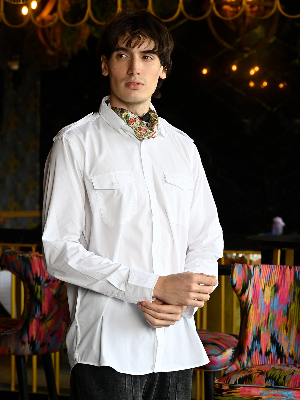 White Cotton Blend Solid Shirt For Men