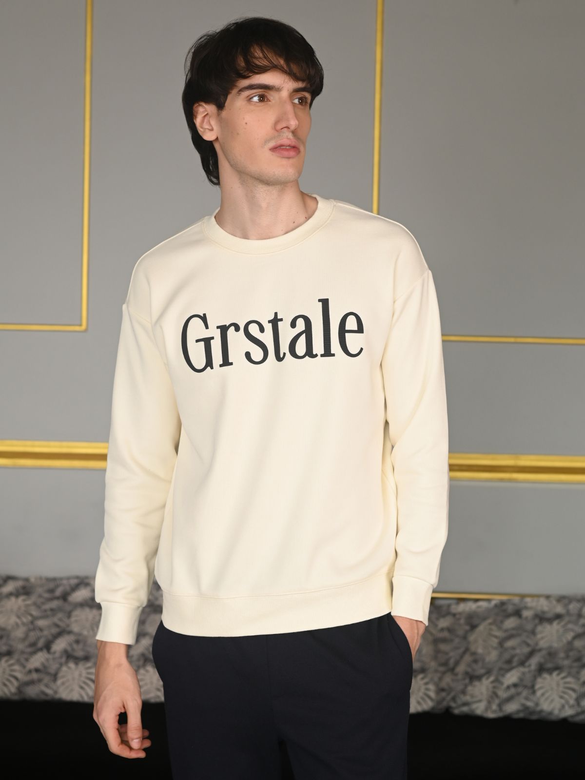 Beige Printed Cotton Jersey Sweatshirt For Men