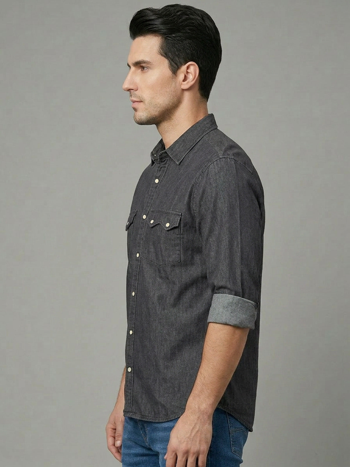 Franco Grey Denim Plain Shirt For Men