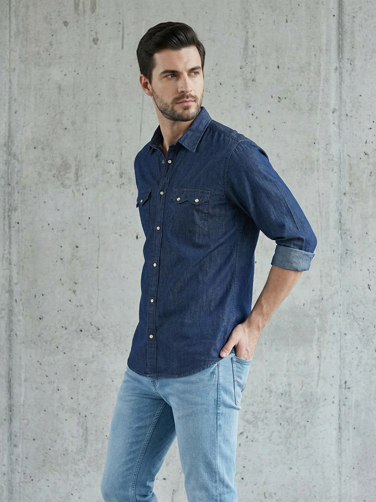 Franco Navy Blue Denim Plain Shirt For Men