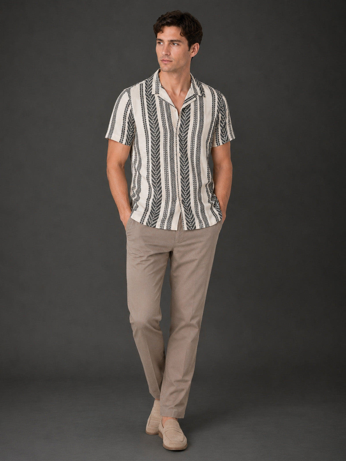 Franco Beige and Black Cotton Blend Plain Shirt For Men