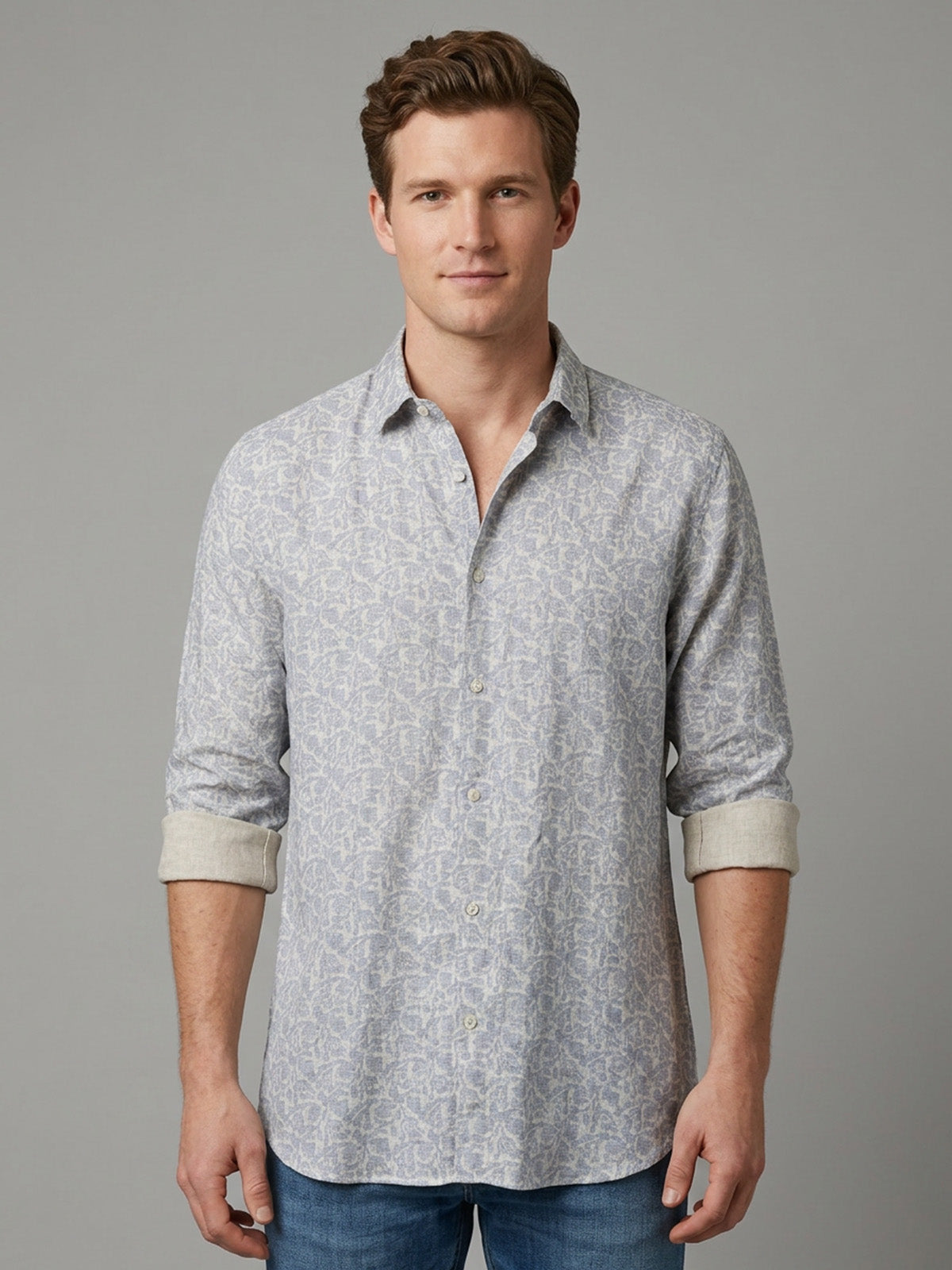 Franco Light Blue Cotton Linen Plain Shirt For Men