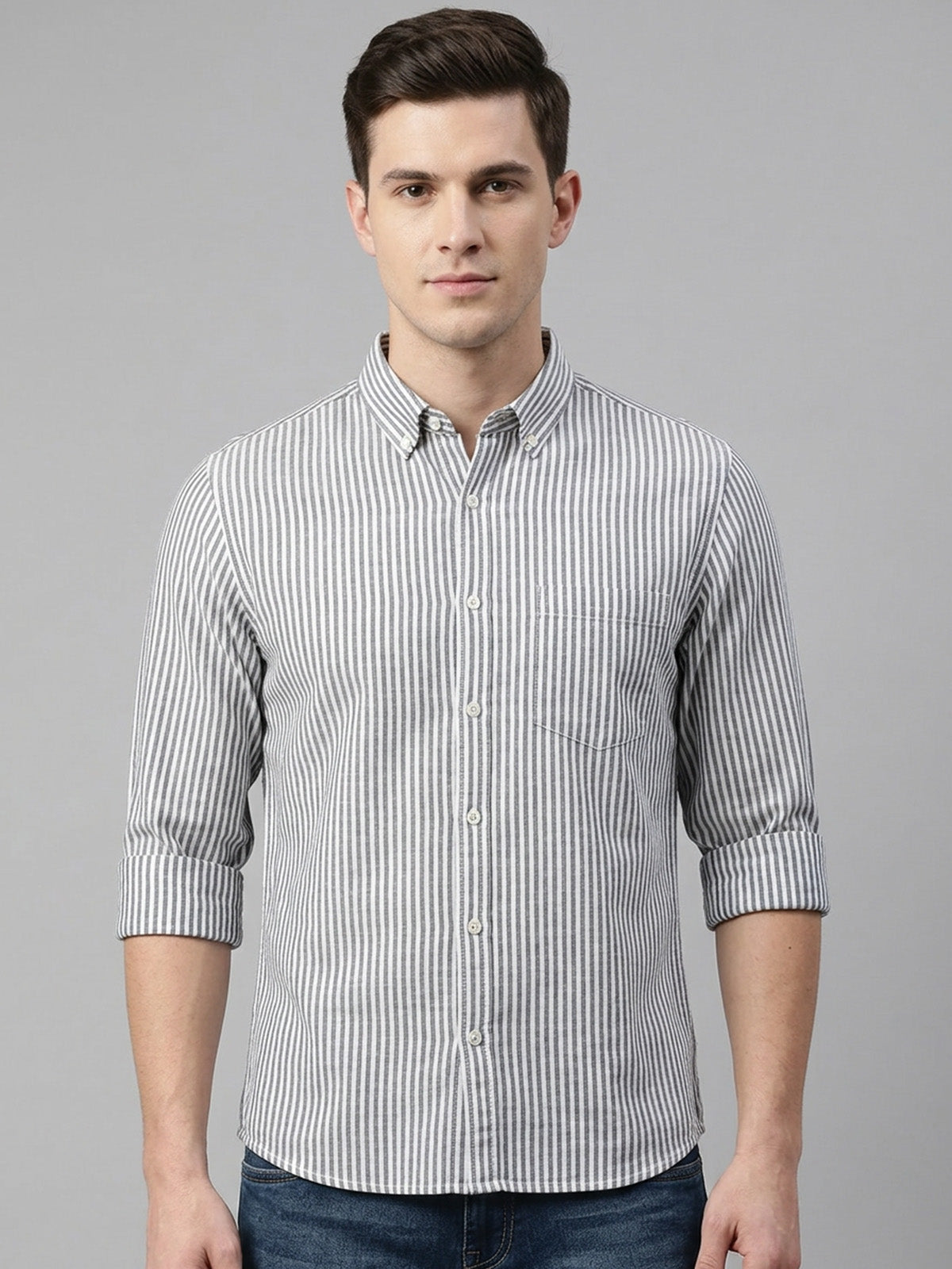 Franco White And Grey Cotton Linen Plain Shirt For Men