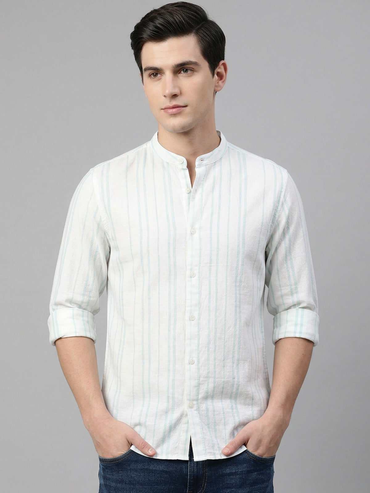 Franco Off White Cotton Striped Shirt For Men