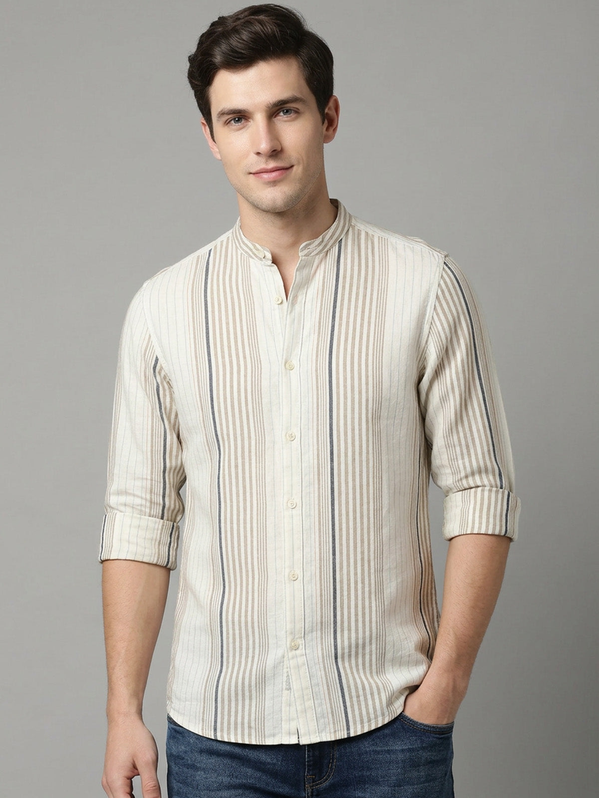 Franco Beige Cotton Striped Shirt For Men