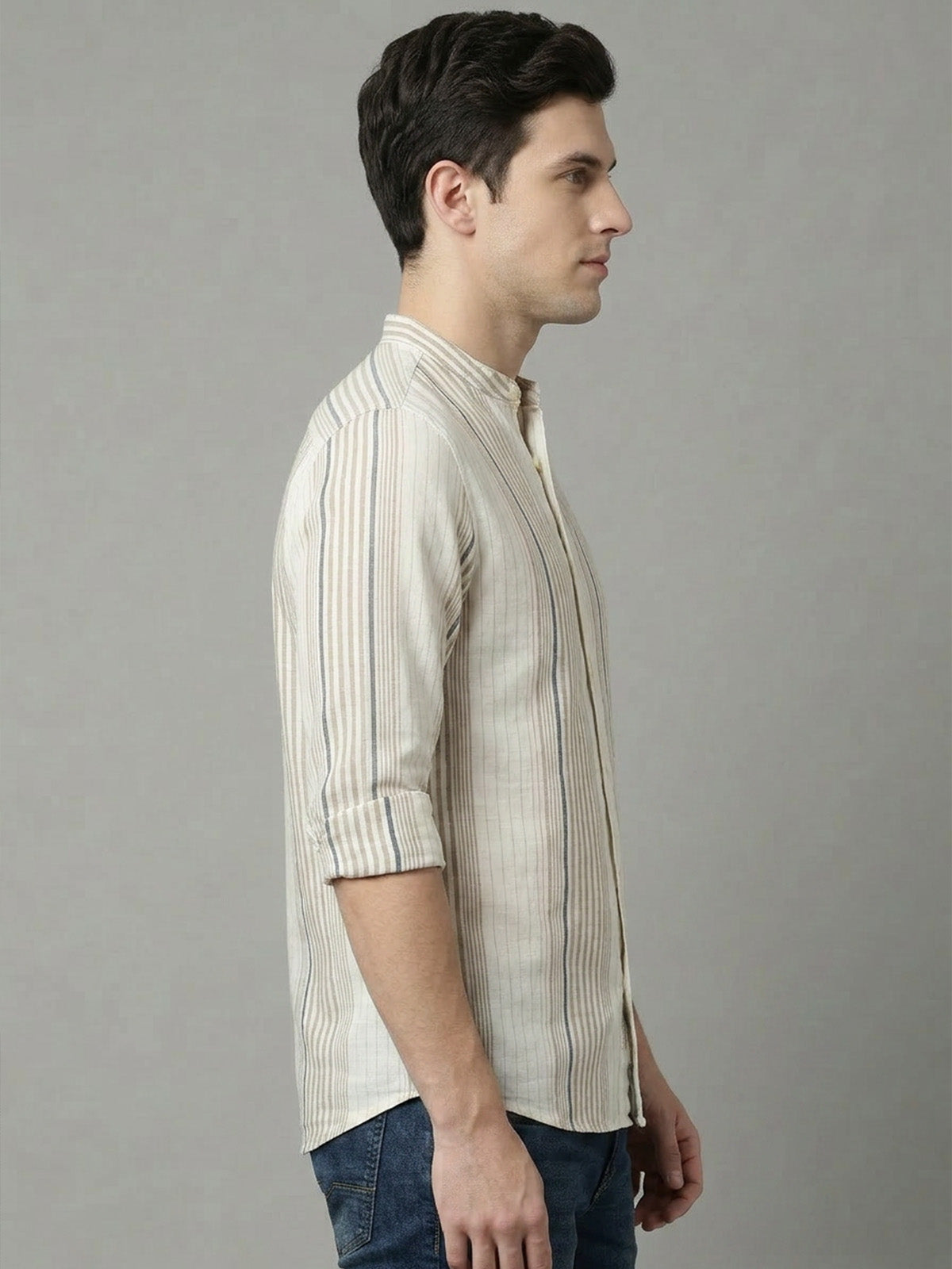 Franco Beige Cotton Striped Shirt For Men