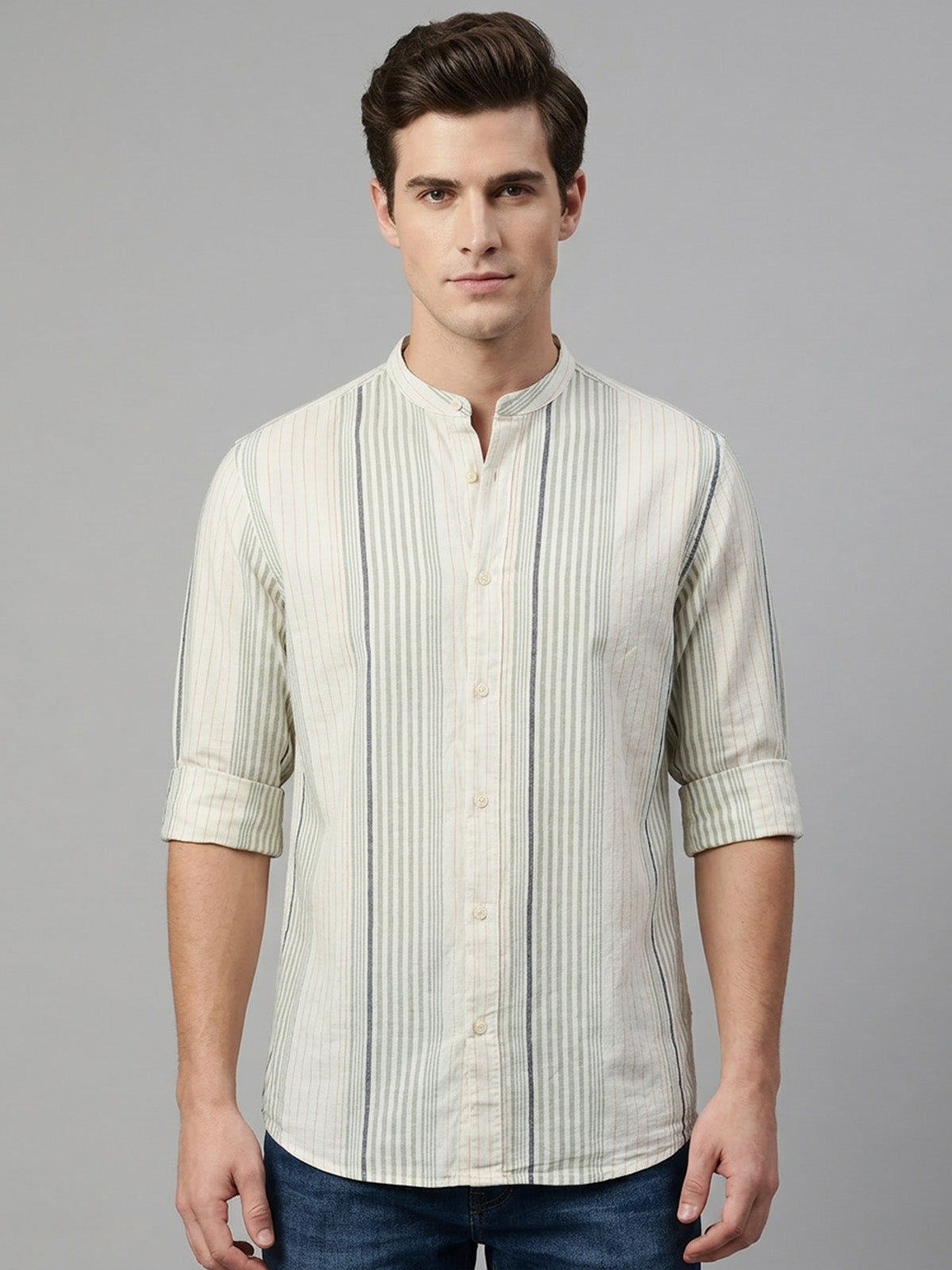 Franco Green Cotton Striped Shirt For Men