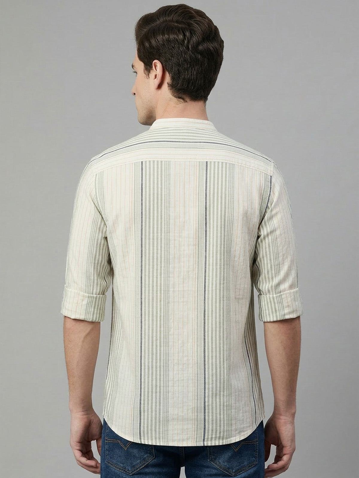 Franco Green Cotton Striped Shirt For Men