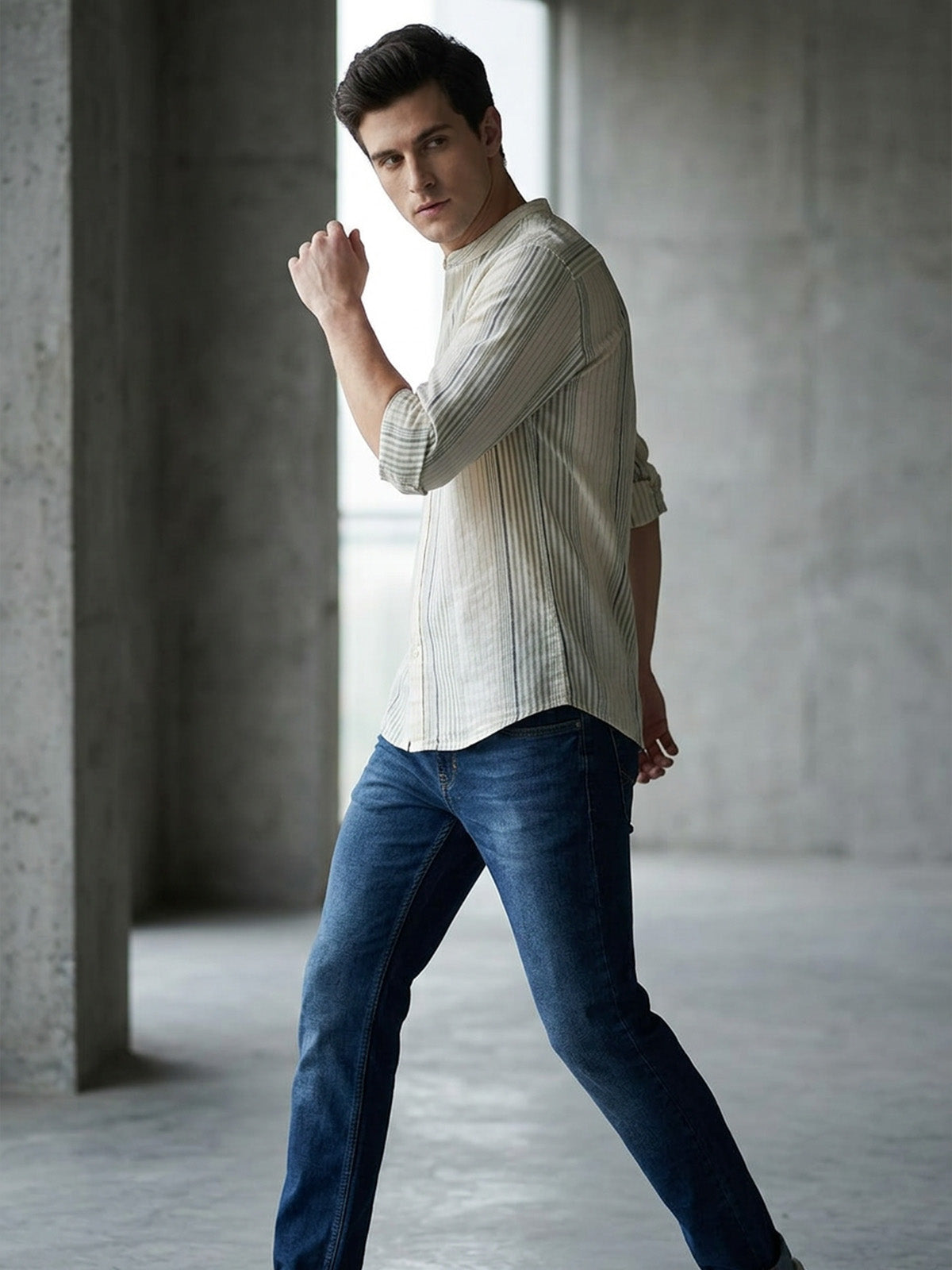 Franco Green Cotton Striped Shirt For Men