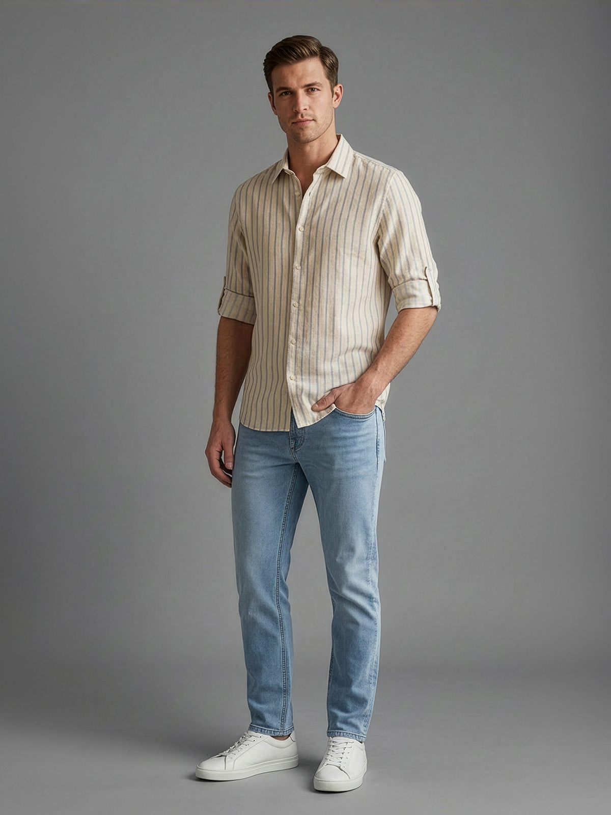 Franco Light Yellow Cotton Blend Striped Shirt For Men