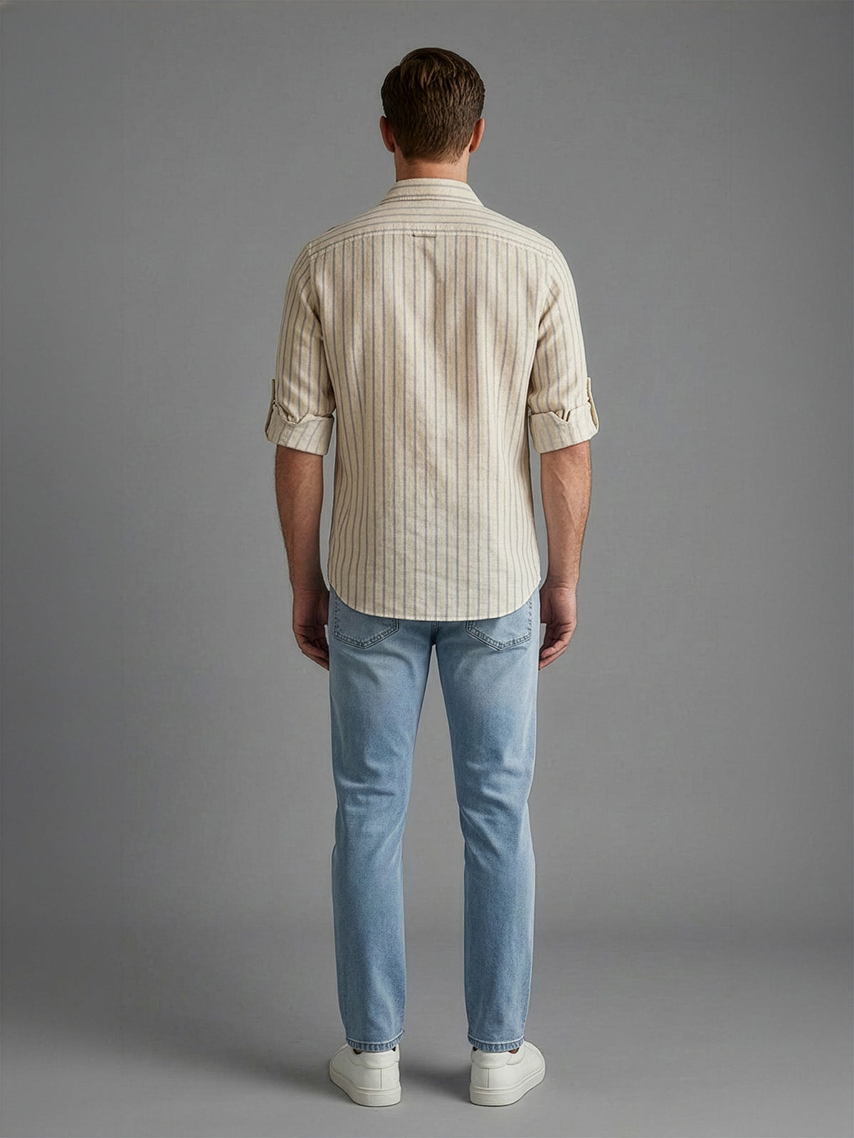 Franco Light Yellow Cotton Blend Striped Shirt For Men