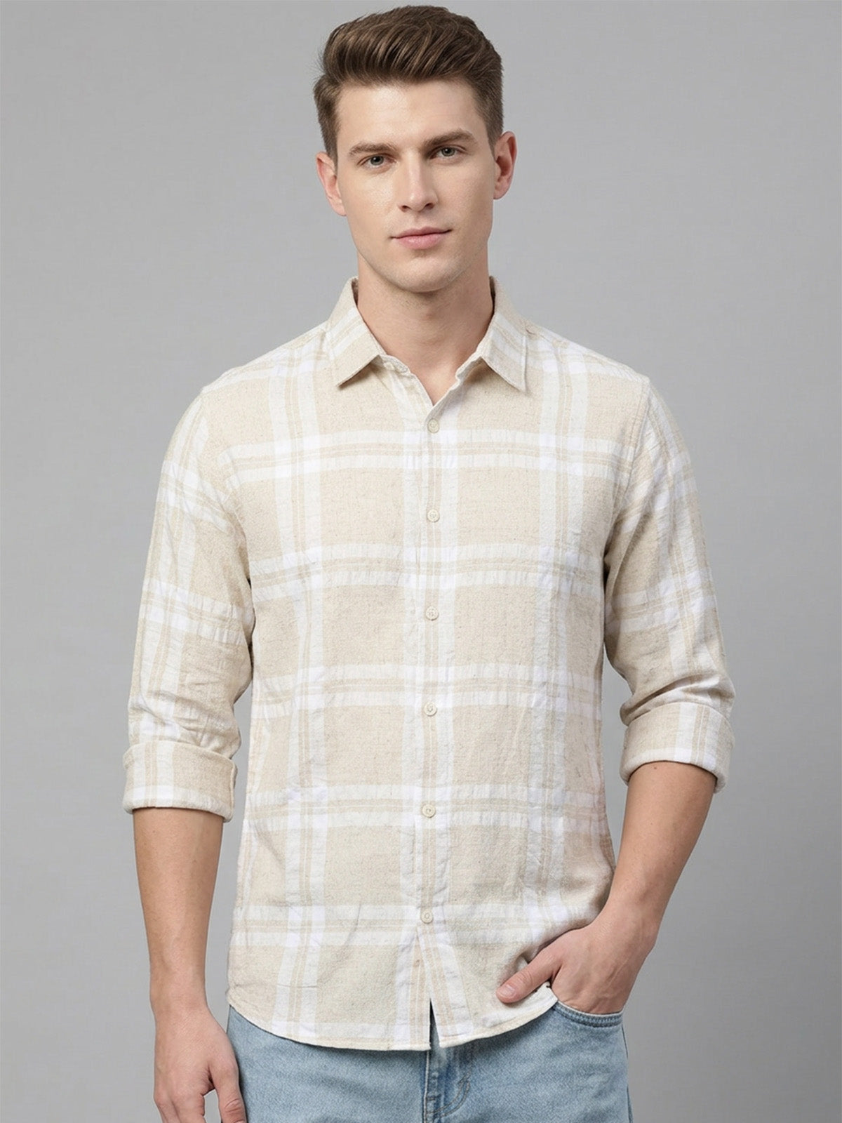 Franco Beige Cotton Solid Shirt For Men