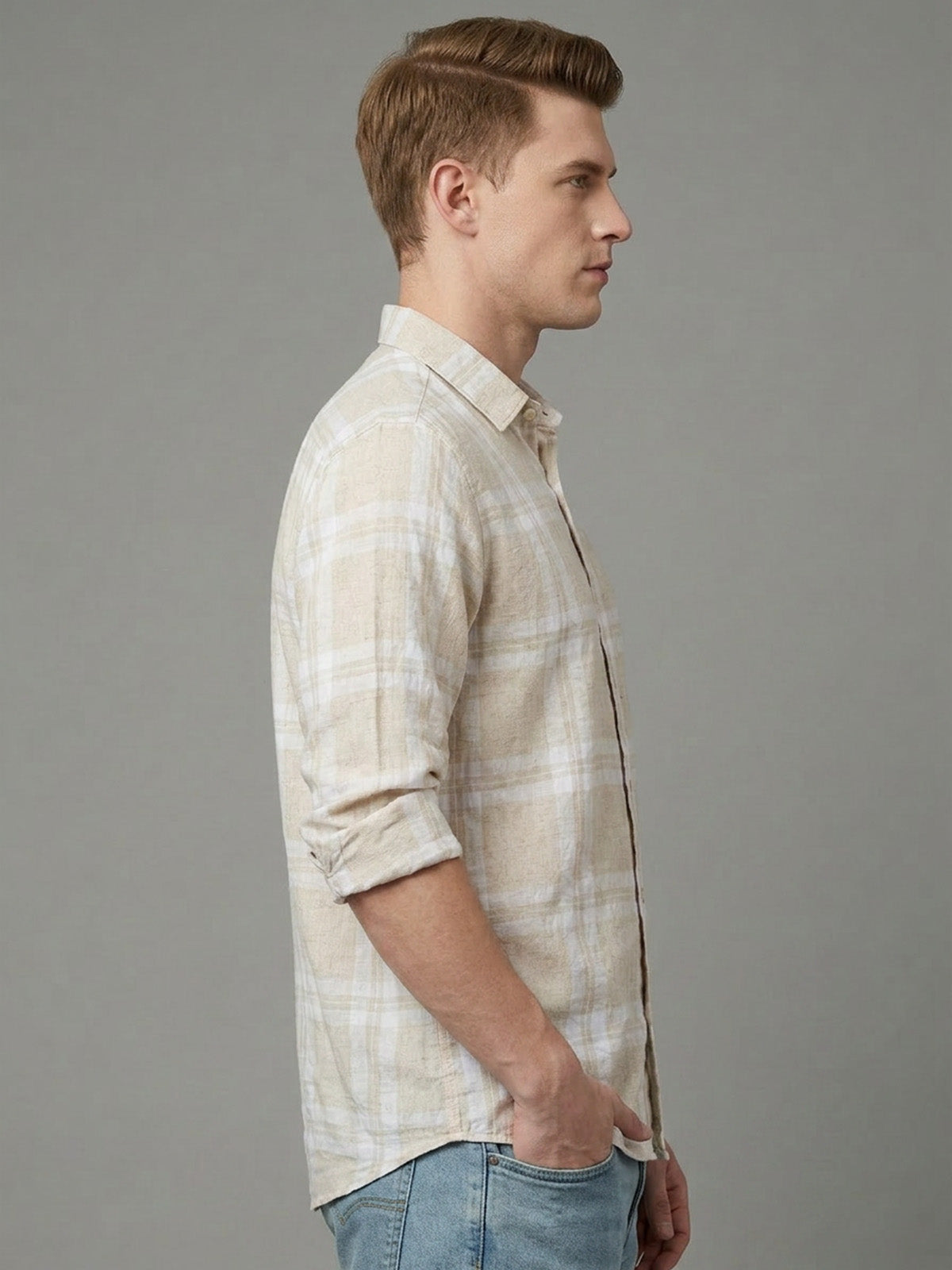 Franco Beige Cotton Solid Shirt For Men