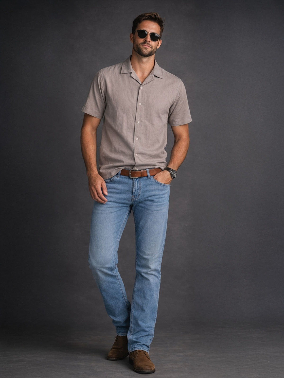 Franco Beige Cotton Blend Self Design Shirt For Men