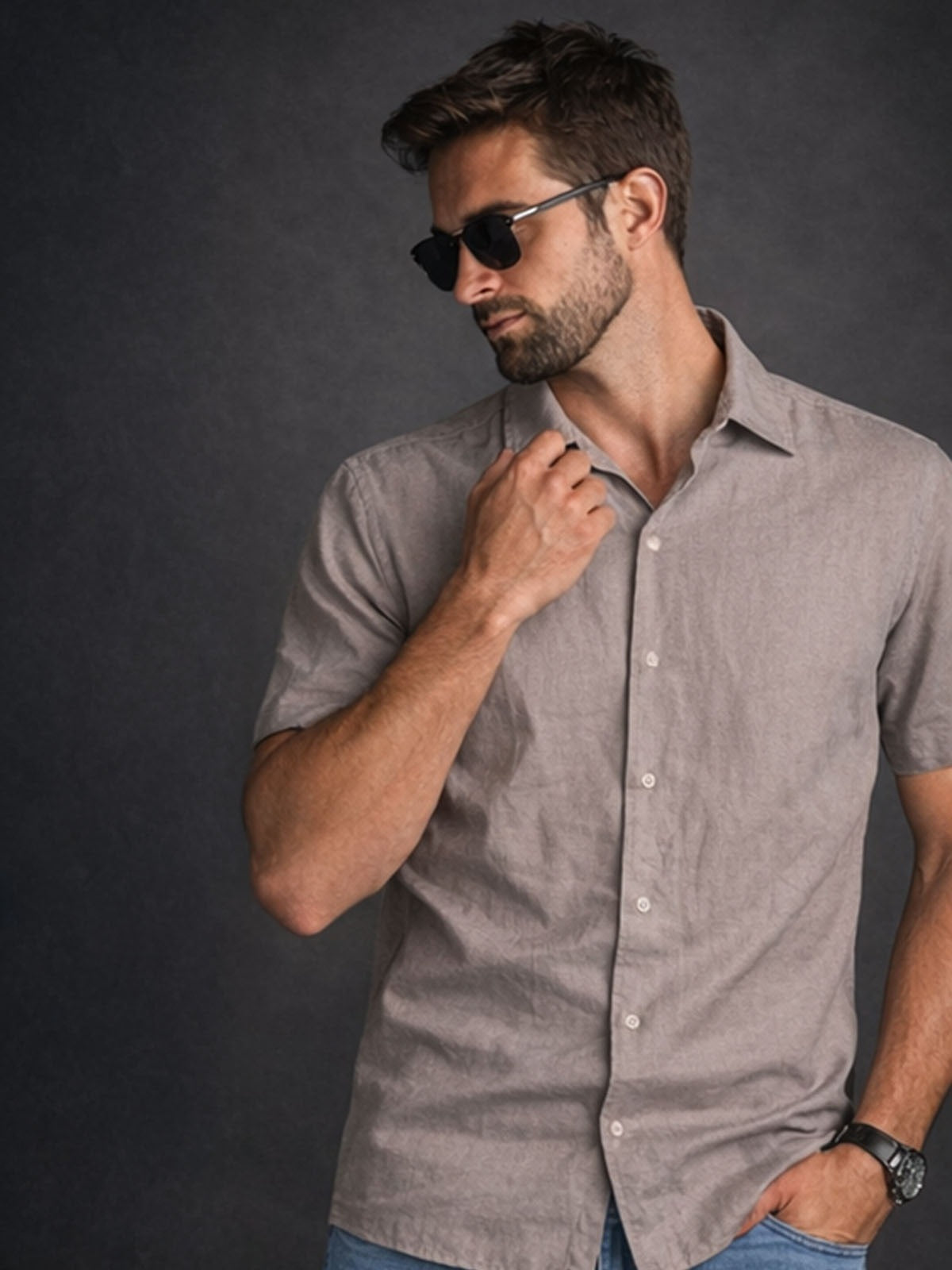 Franco Beige Cotton Blend Self Design Shirt For Men