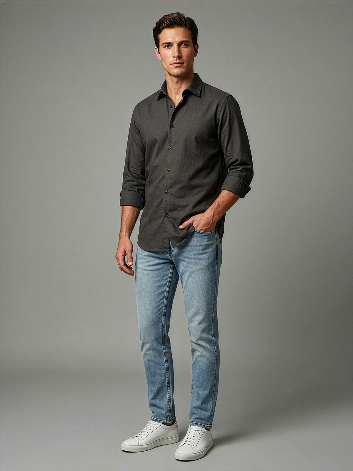 Franco Dark Grey Cotton Lycra Solid Shirt For Men