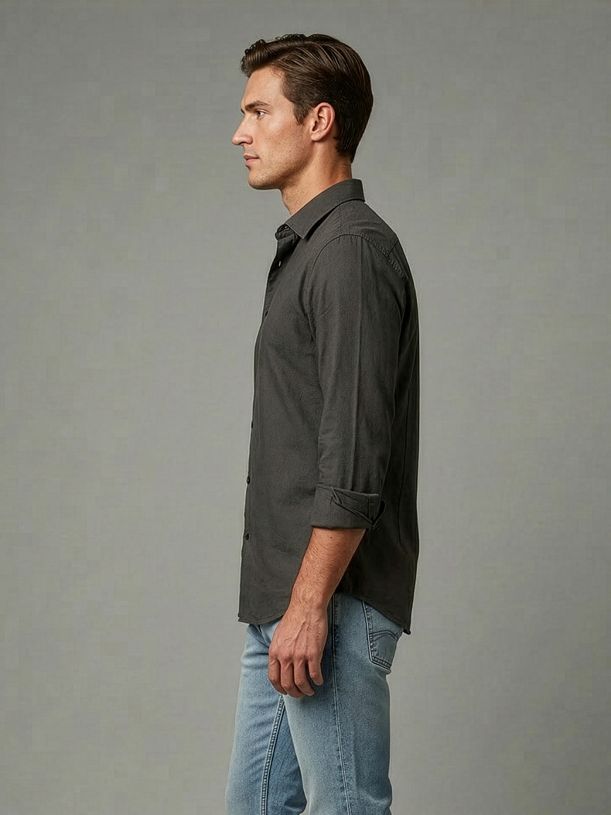Franco Dark Grey Cotton Lycra Solid Shirt For Men