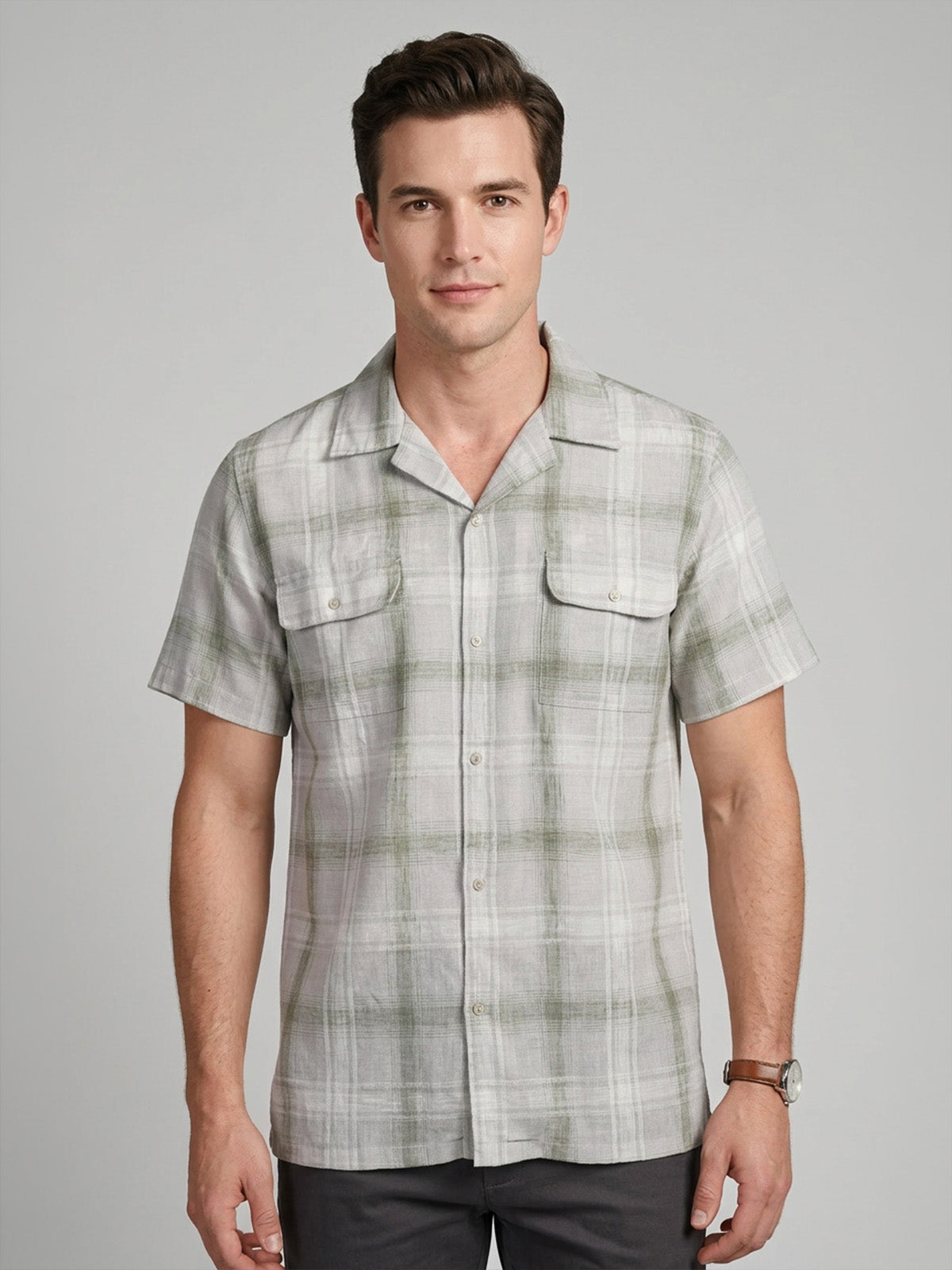 Franco Grey Cotton Linen Checked Shirt For Men