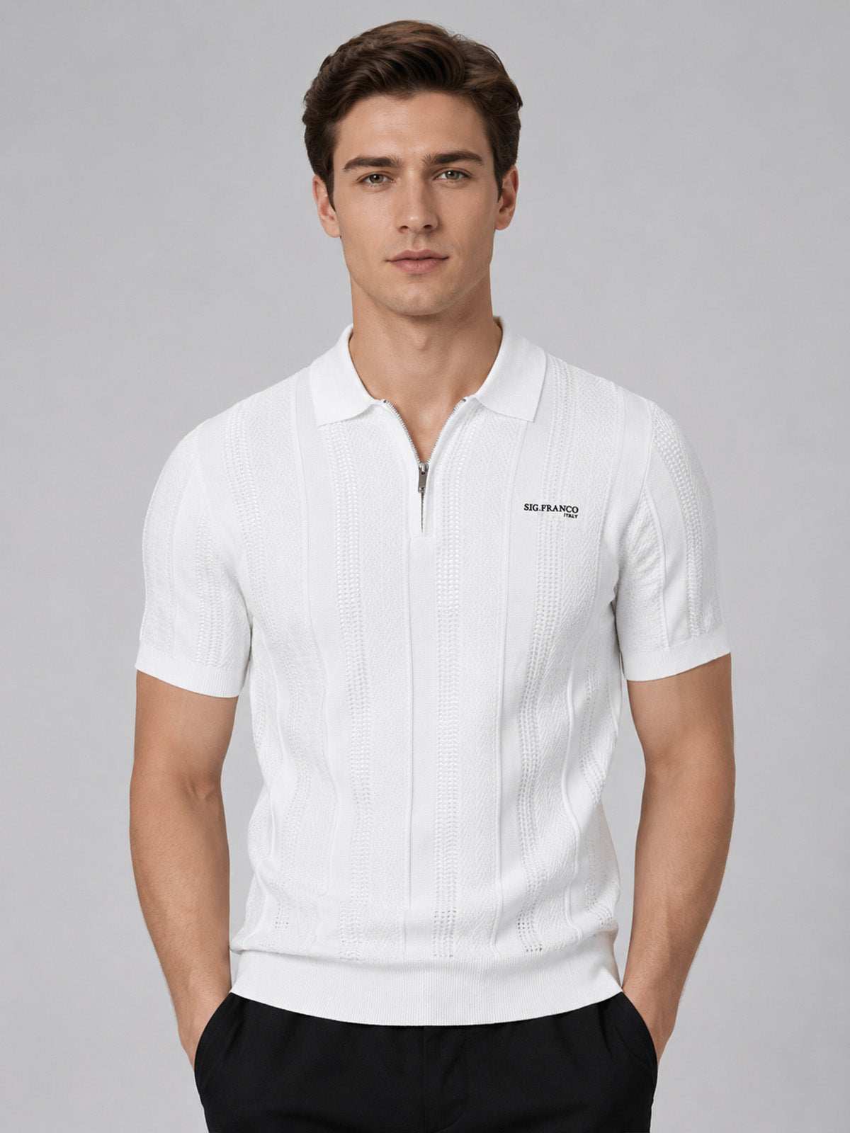 Franco White Cotton Blend Solid Polo T-shirt For Men