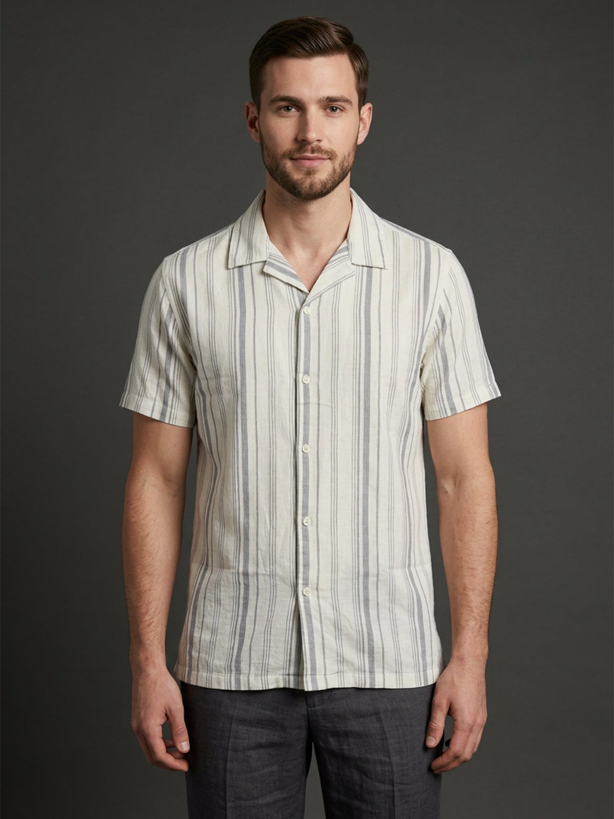 Franco Grey Cotton Blend Striped Shirt For Men