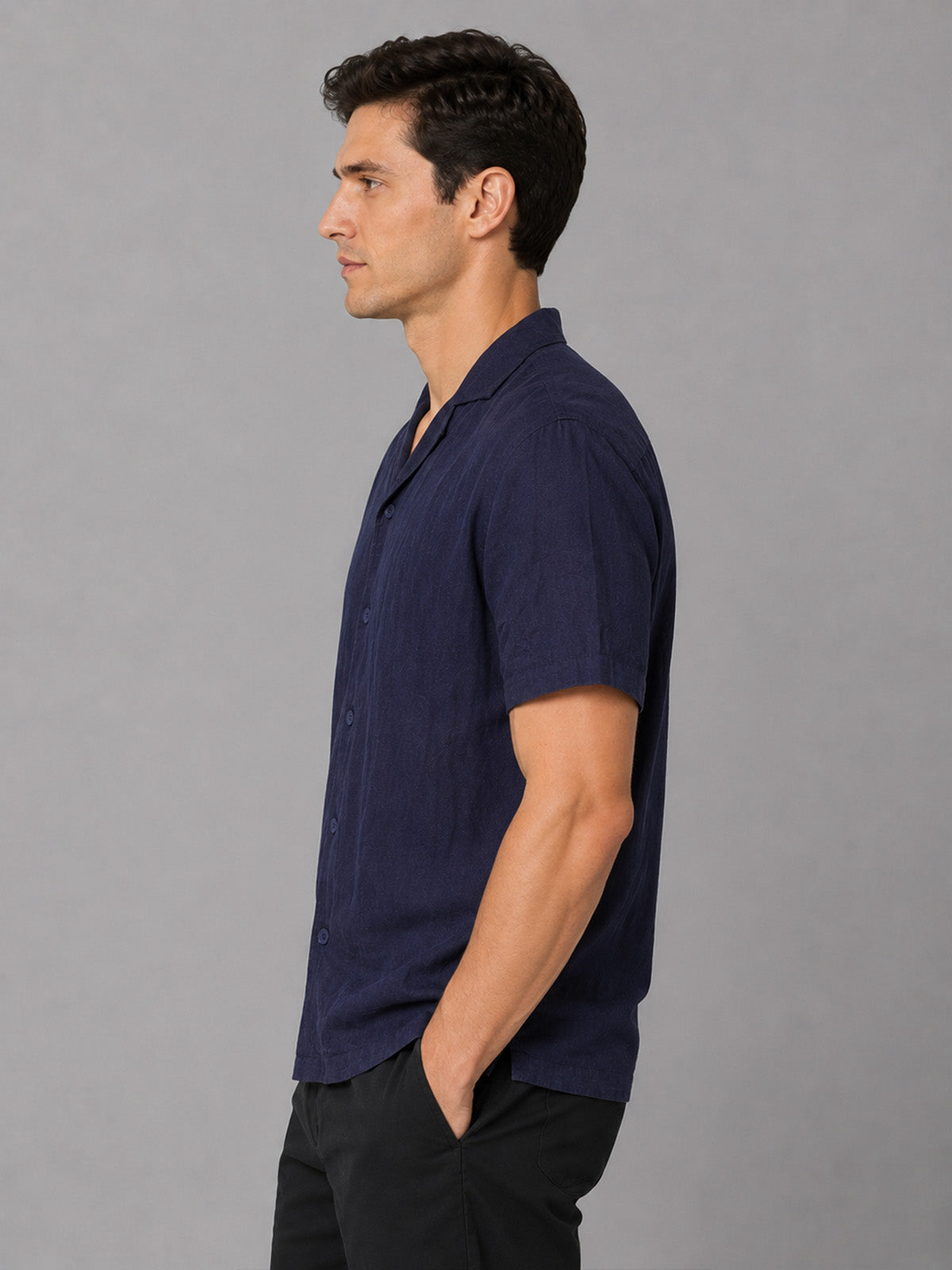 Franco Navy Blue Cotton Blend Plain Shirt For Men
