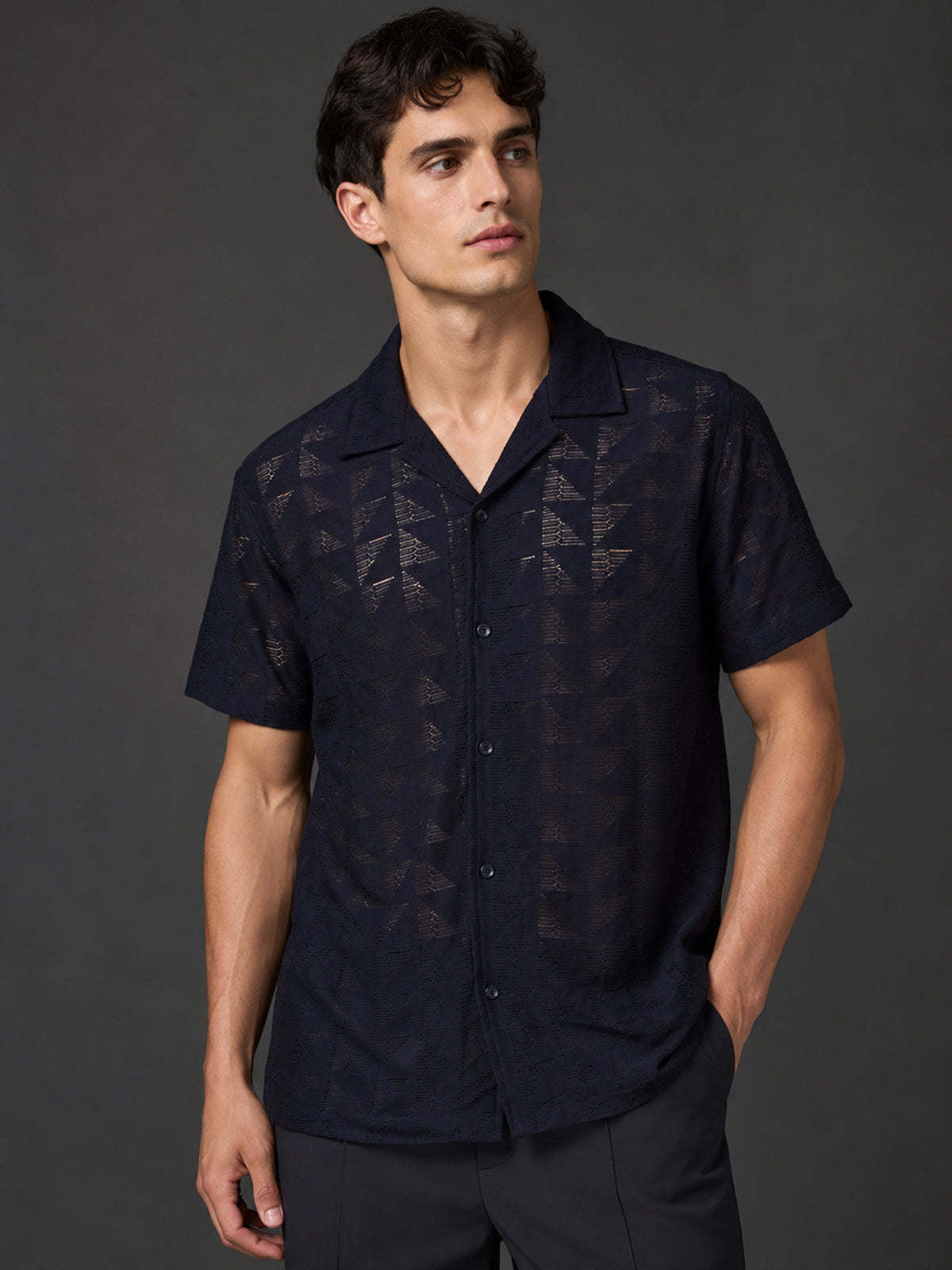 Franco Navy Blue Polyester Blend Plain Shirt For Men